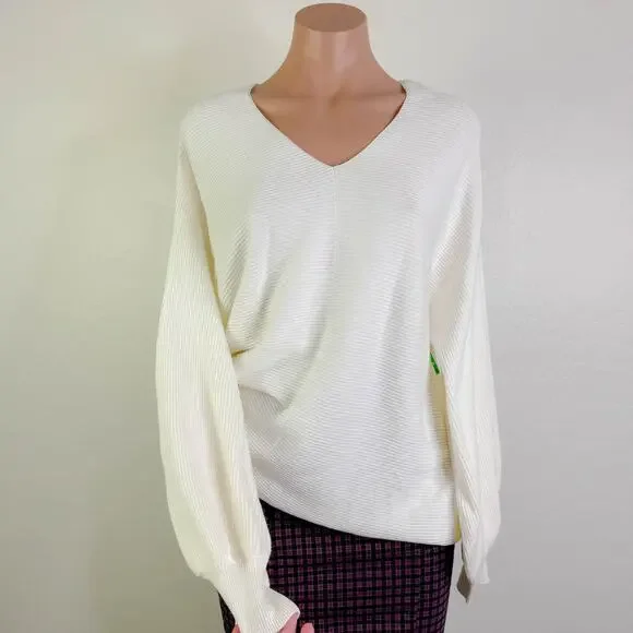 1 State V Neck Ribbed Knit Balloon Sleeve Pullover Sweater White Cream Large NWT - Picture 12 of 12